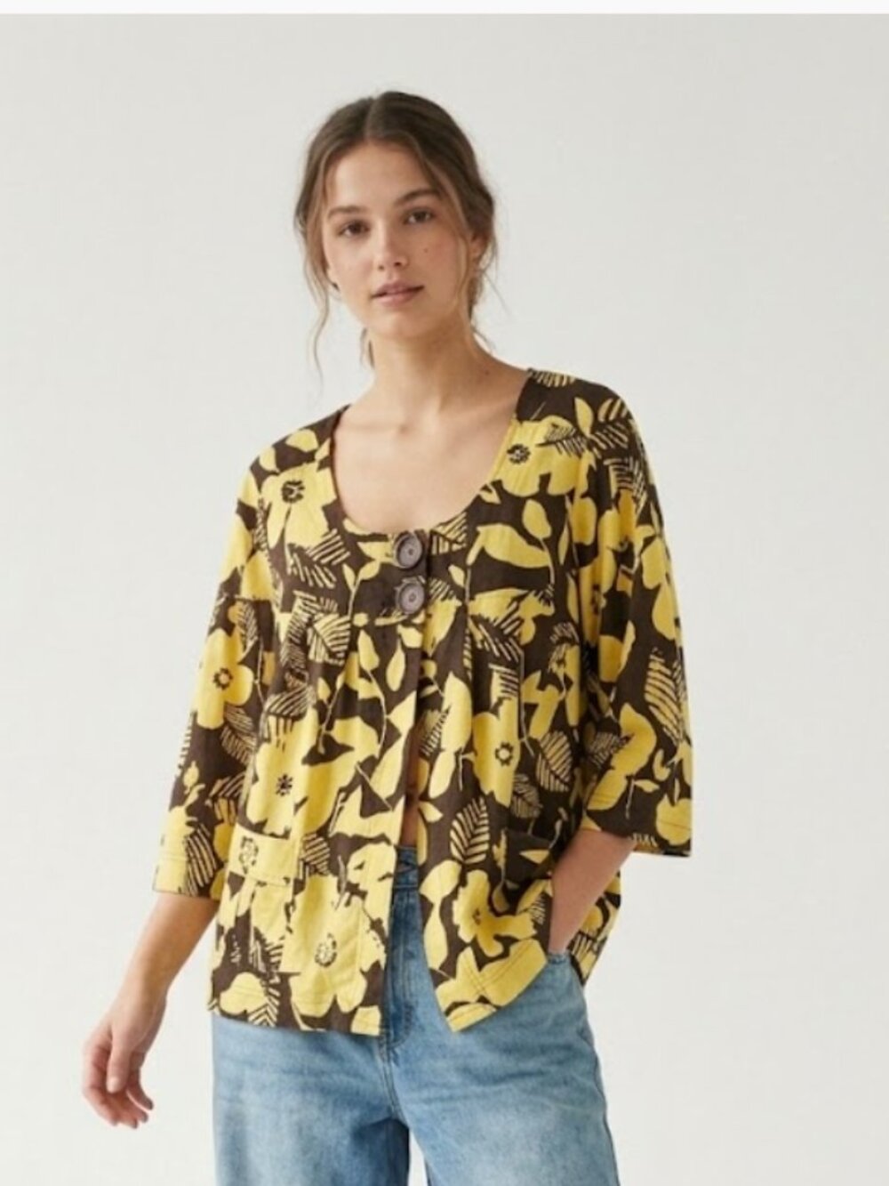 Basic Editions Swing Jacket Brown Yellow Floral Tropical Boho Retro Linen 1X